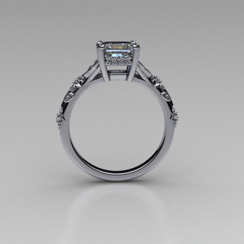Flora 14k White Gold Floral Asscher Cut Lab Diamond Engagement Ring