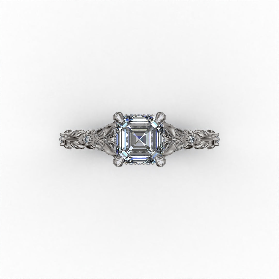 Flora 14k White Gold Floral Asscher Cut Lab Diamond Engagement Ring