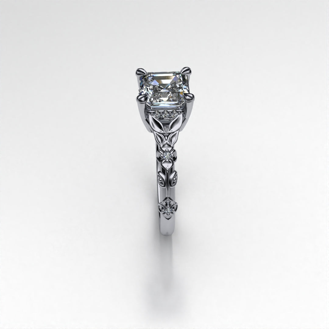 Flora 14k White Gold Floral Asscher Cut Lab Diamond Engagement Ring