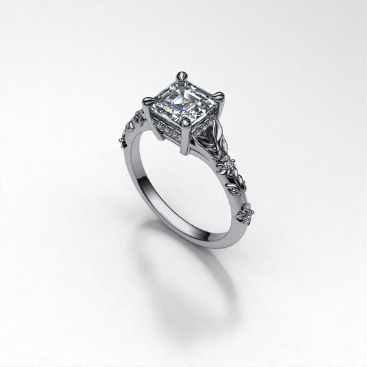 Flora 14k White Gold Floral Asscher Cut Lab Diamond Engagement Ring